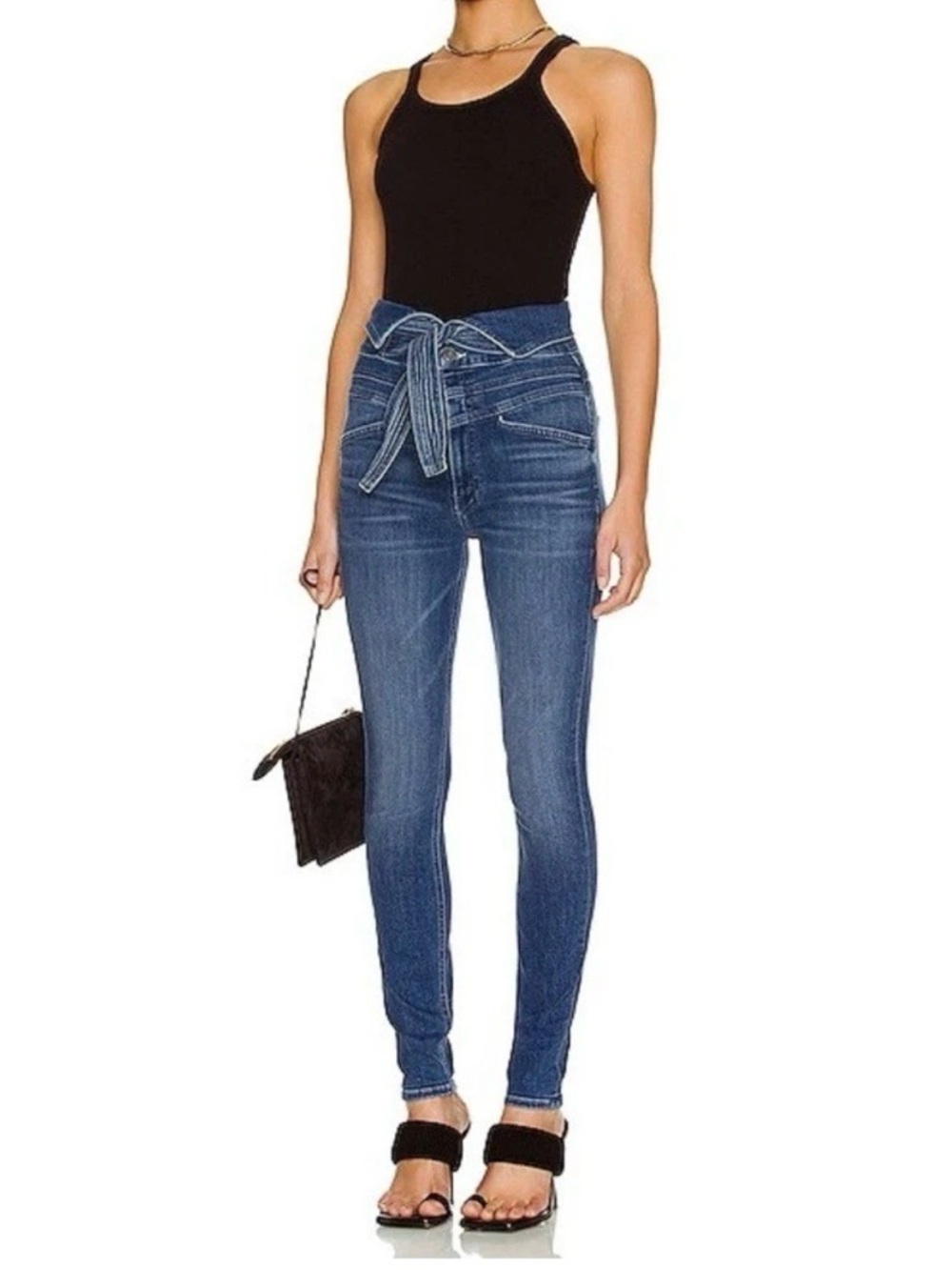 Mother High-Waist Tie-Belt Skinny Jeans - Blue